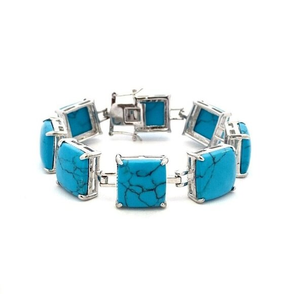 Designer Silver Tone‎ & Faux Turquoise Square Panel 7” Bracelet! 107 - Picture 1 of 9
